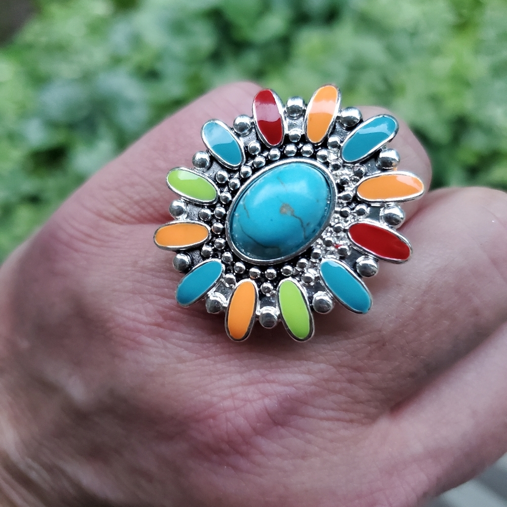Rainbow Turquoise Stone sun Burst Free spirit Boho people Ring NWT